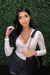 White and Nude Lace Long Sleeve Open Back Bodysuit - Ellice