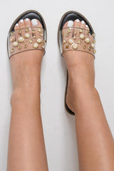 Black Clear Clear Studded Sliders  -Athira