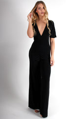 Lara Black Rushed V Front Jumpsuit