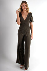 Lara Khaki Rushed V Front Jumpsuit
