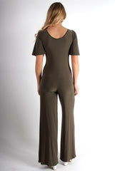 Lara Khaki Rushed V Front Jumpsuit