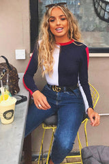 Navy and White Contrast Long Sleeved Bodysuit - Lareen