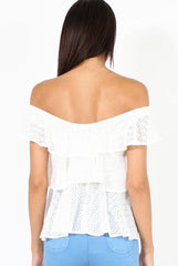 White Off the Shoulder Lace Frill Top - Larisa