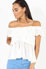 White Off the Shoulder Lace Frill Top - Larisa