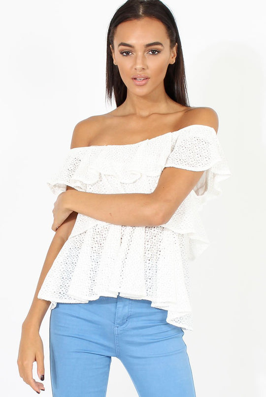 White Off the Shoulder Lace Frill Top - Larisa