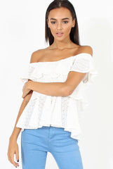 White Off the Shoulder Lace Frill Top - Larisa