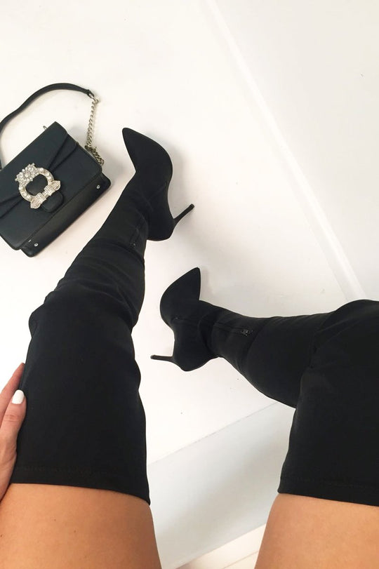 Black Stretch Thigh High Boots - Lariya