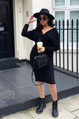 Black Wrap Front Knit Midi Dress - Edan