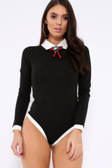 Black Long Sleeved Striped Bow Bodysuit - Lashay