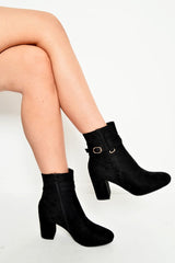 Black Faux Suede Strap Detail Buckle Ankle Boots - Sabryna
