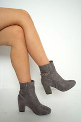 Grey Faux Suede Strap Detail Buckle Ankle Boots - Sabryna