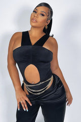 Black Cut Out Ruched Halter Neck Bodysuit - Janessa