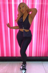 Black Woven Ribbed Leggings and Crop Top Co-ord - Henli