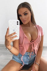 Pink Open Tie Front Crop Top - Ozella