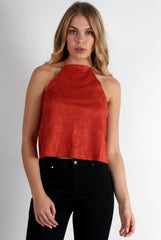 Laura Copper Suede High Neck Tie Back Top