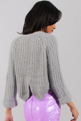 Grey Split Back Cropped Fluffy Jumper - Laura