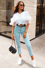 White Tulle Ruffle Sleeve T-shirt - Blythe