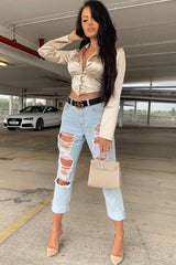 Gold Satin Corset Detail Plunge Blouse - Myha