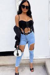 Light Blue Thigh Rip Frayed Hem Mom Jeans - Frayah