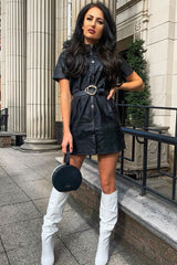 Black Faux Leather Button Up Shirt Dress - Alba