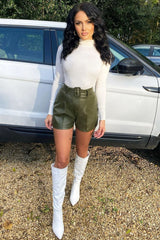 Khaki Faux Leather Buckle Belt Shorts - Tamra