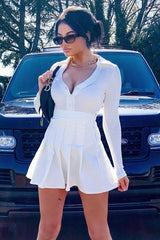 White Plunge Button Front Collar Bodysuit - Isabella