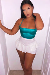 Turquoise Satin Cowl Neck Lace Up Back Crop Top - Kamsi