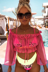 Hot Pink Mesh Frill Bardot Top - Rowe