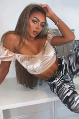 Nude Velvet Puff Sleeve Milkmaid Crop Top - Erina