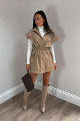 Beige Faux Leather Plunge Belted Dress - Jaice