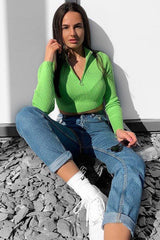 Lime Half Zip Rib Crop Jumper - Elisea