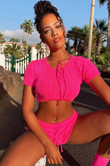 Neon Pink Crochet Knit Top Shorts Co-ord - Aarini