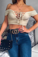 Cream Tie Front Ruched Off Shoulder Crop Top - Blake