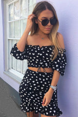 Black White Ruched Frill Heart Print Crop Top and Skirt Co-ord - Skyelar