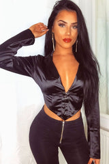 Black Satin Corset Detail Plunge Blouse - Myha