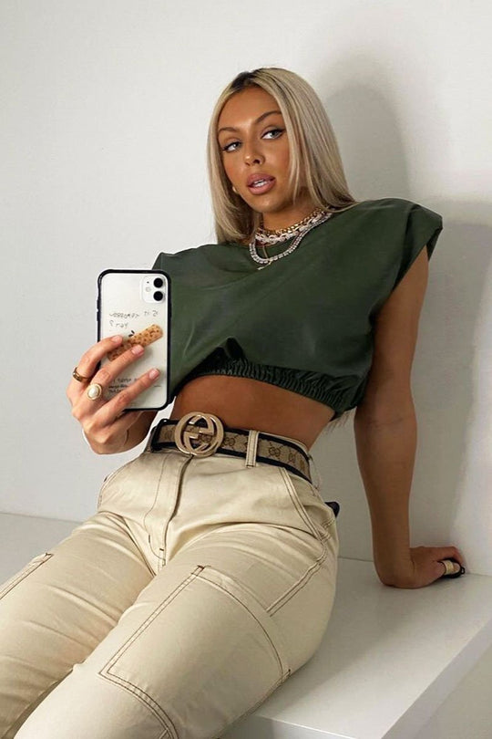 Khaki Cropped Faux Leather Shoulder Pad Top - Kirrah