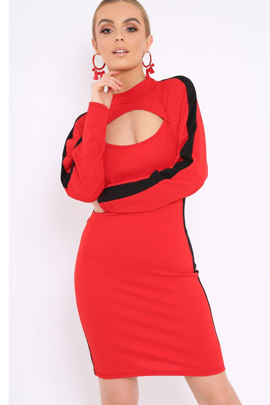 Red Side Black Striped Cut Out Dress - Layia