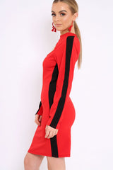 Red Side Black Striped Cut Out Dress - Layia