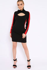 Black Side Red Striped Cut Out Dress - Layia