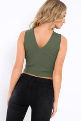 Khaki Ribbed Lace up Crop Top - Laylia