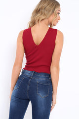 Wine Ribbed Lace up Crop Top - Laylia
