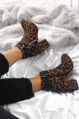 Leopard Print Faux Suede Block Heel Boots - Layney