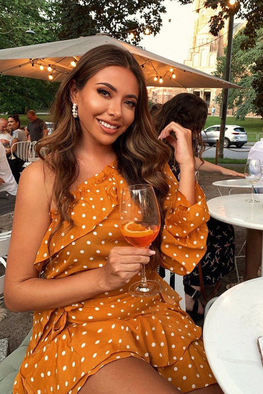 Mustard and White Polka Dot One Shoulder Frill Dress - Zyann