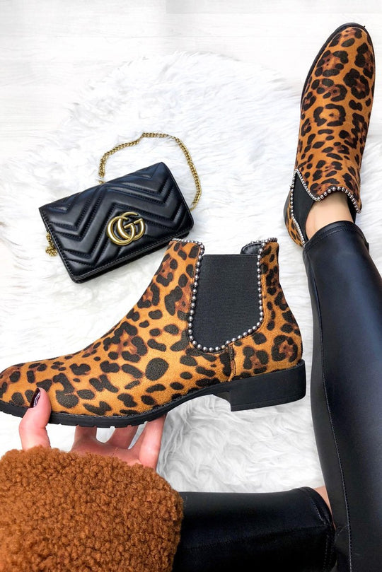 Leopard Print Stud Trim Chelsea Boots - Iness