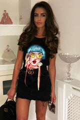 Black Crew Neck Girls Face T-shirt with Tassels - Leacy