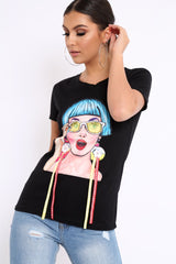 Black Crew Neck Girls Face T-shirt with Tassels - Leacy