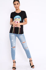 Black Crew Neck Girls Face T-shirt with Tassels - Leacy