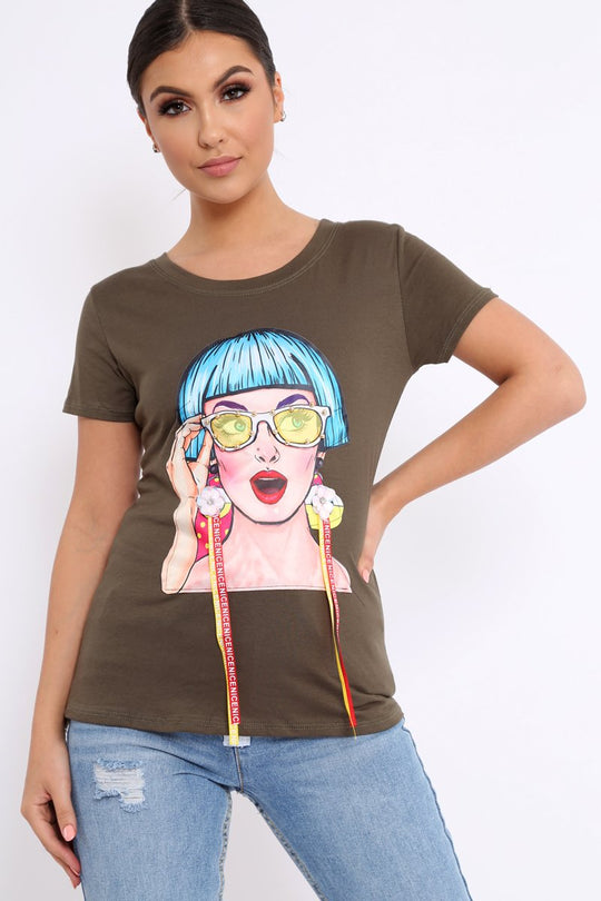 Khaki Crew Neck Girls Face T-shirt with Tassels - Leacy