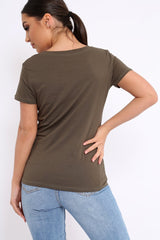 Khaki Crew Neck Girls Face T-shirt with Tassels - Leacy