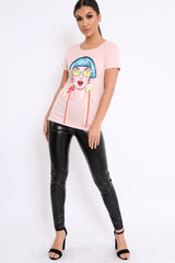 Pink Crew Neck Girls Face T-shirt with Tassels - Leacy